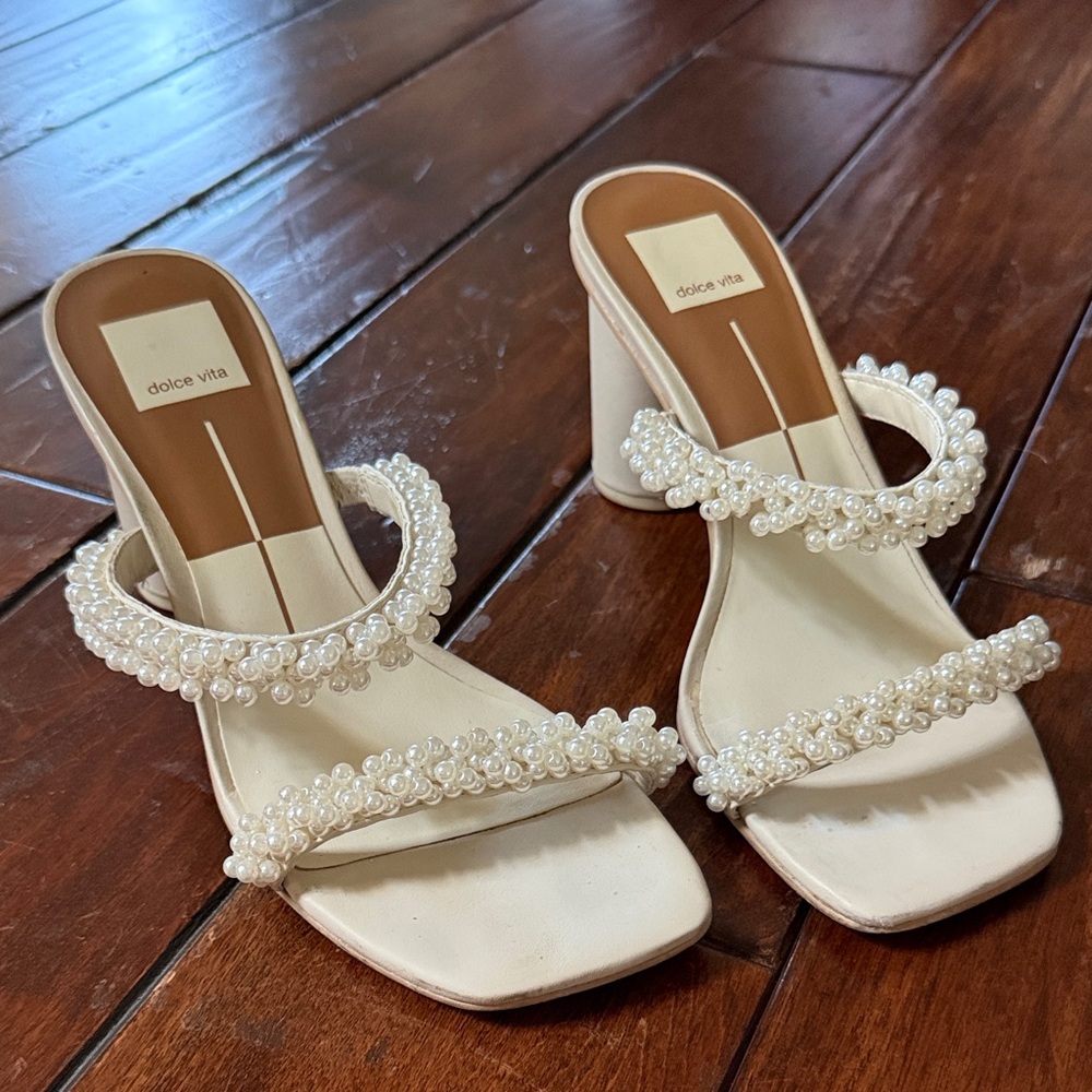 Dolce Vita Ivory Pearl-Embellished Block Heel Sandals